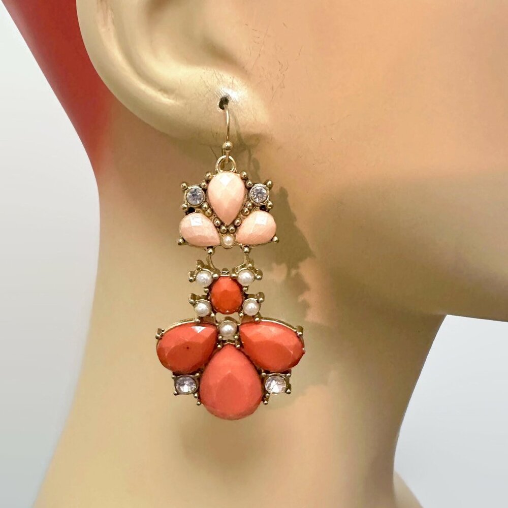 Boho Earrings, Peach, Rhinestone, Faux Pearl, Vintage, Long, 90s, Gold Tone